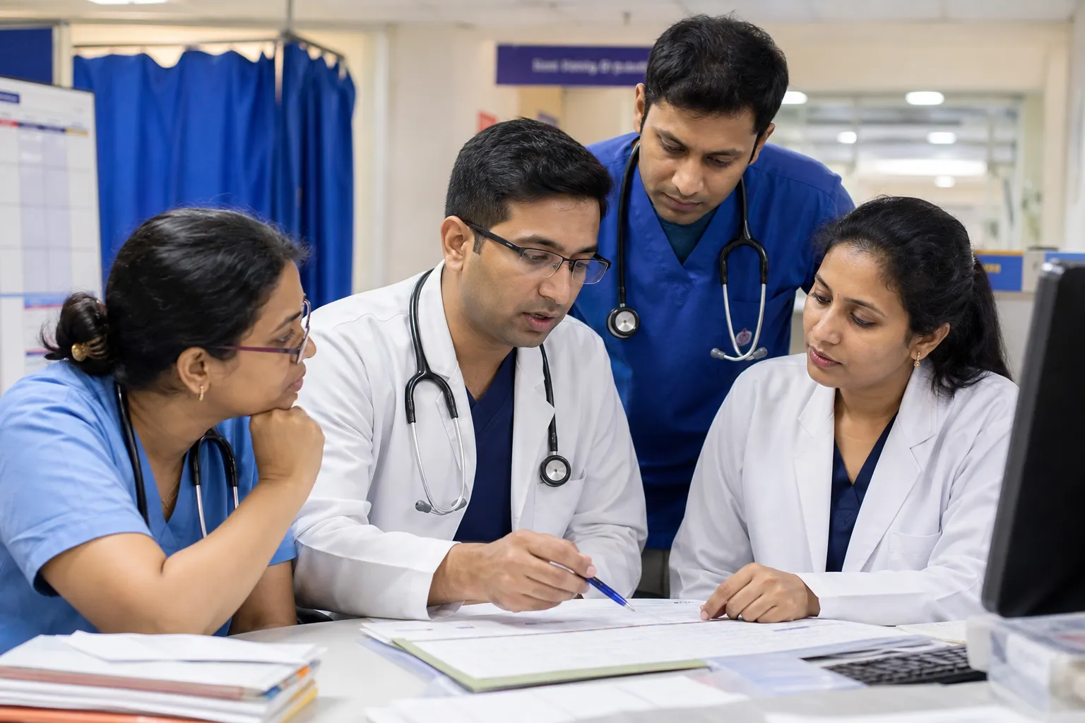 Doctors discussing a care plan at a hospital desk