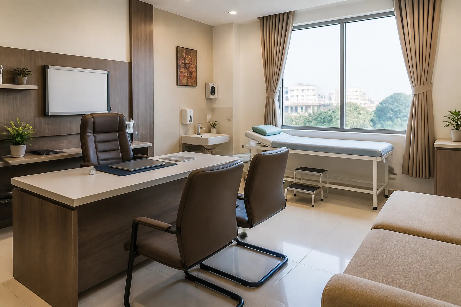 Bright hospital consultation room interior