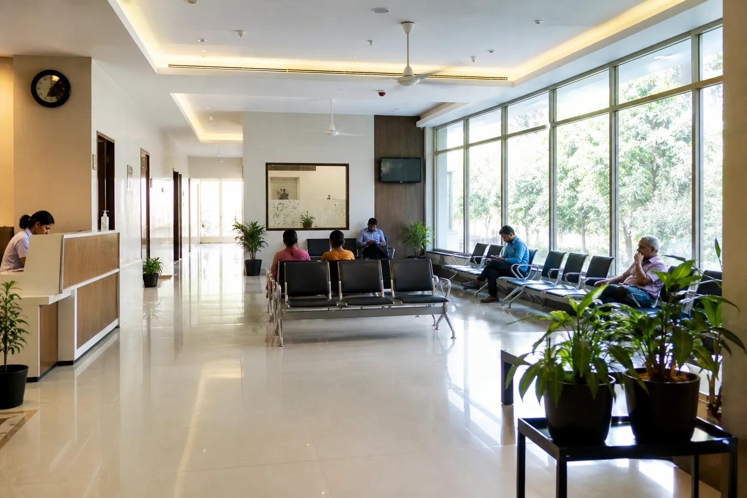 Clean hospital waiting area with natural light