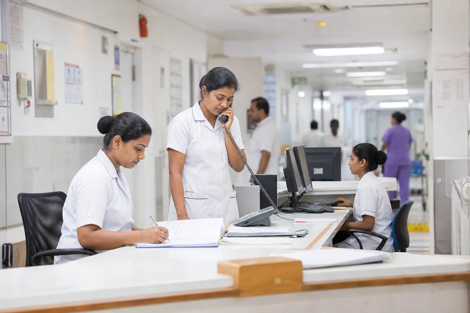 Nursing station in a calm hospital corridor