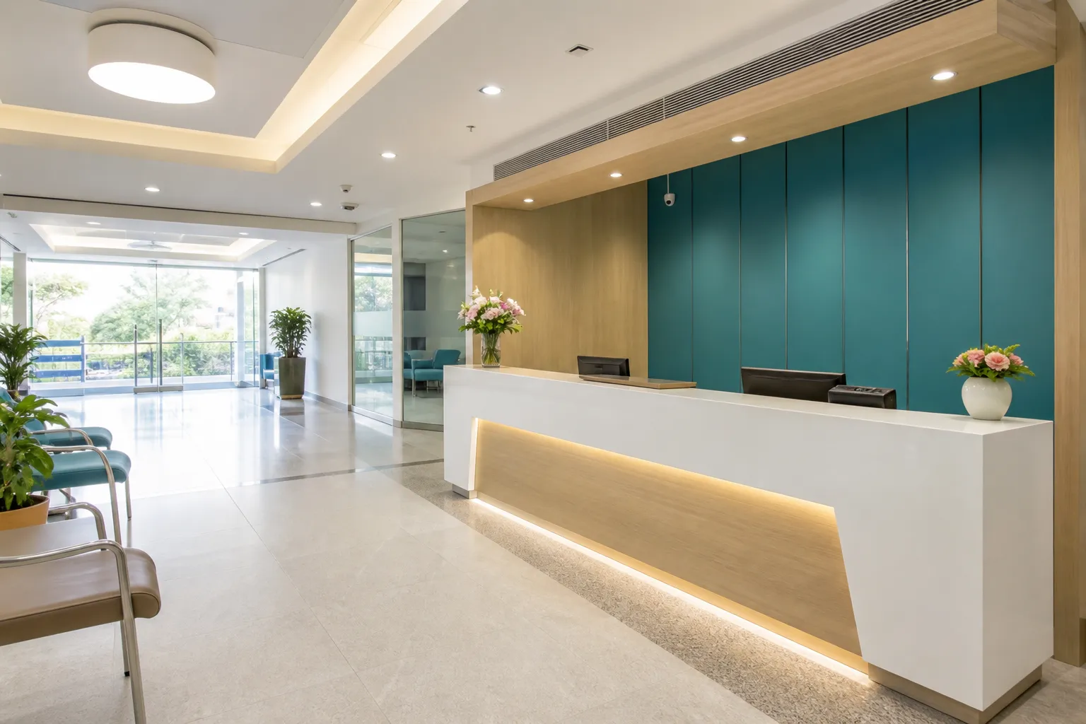 Welcoming hospital reception desk with natural daylight