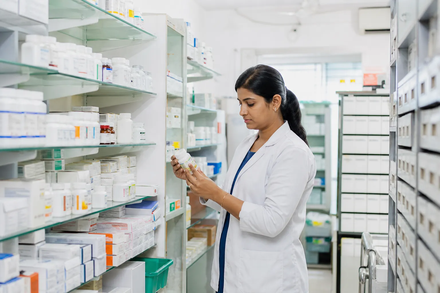Hospital pharmacy medicines arranged for patient care