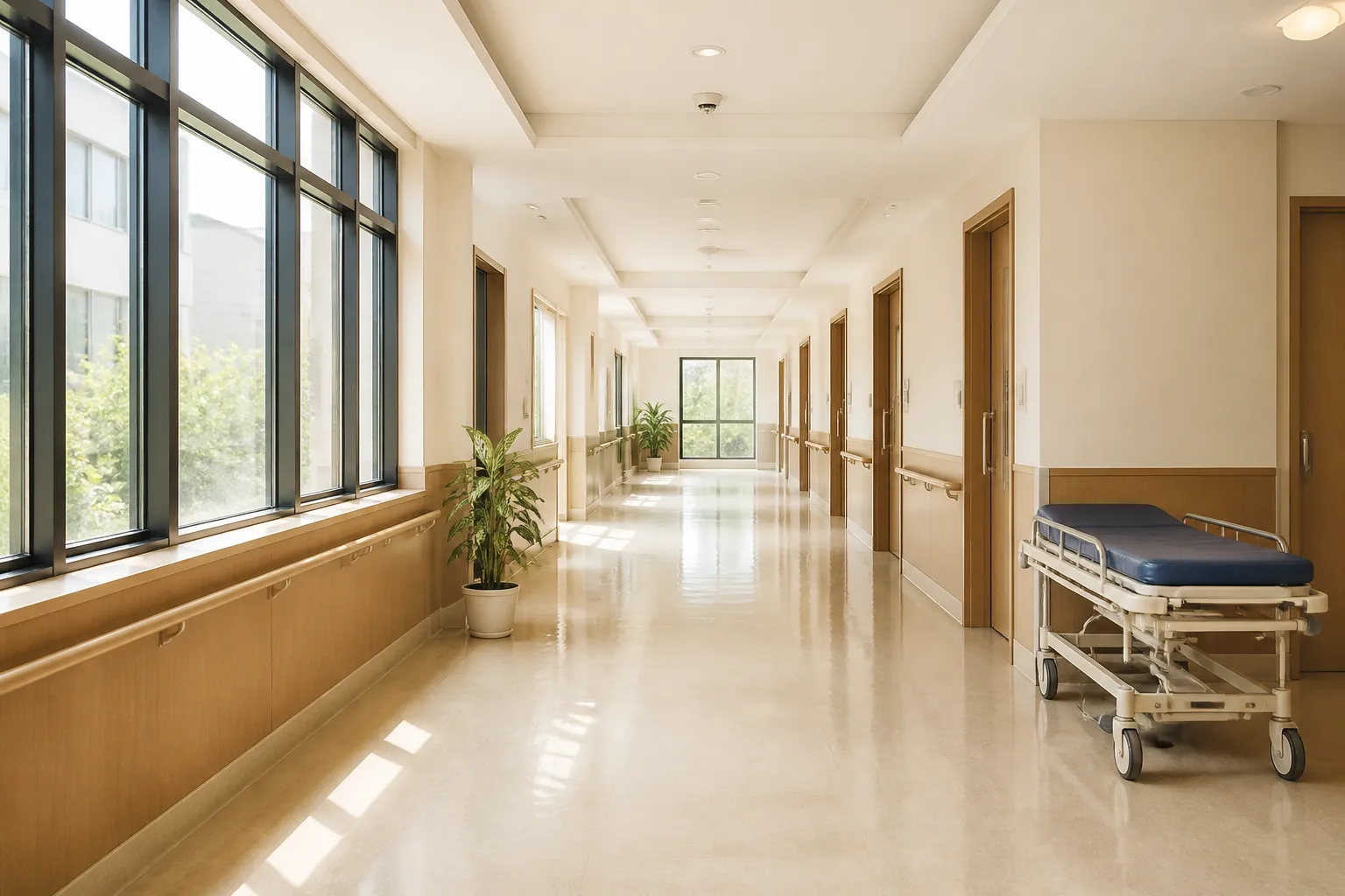 Clean hospital corridor with daylight
