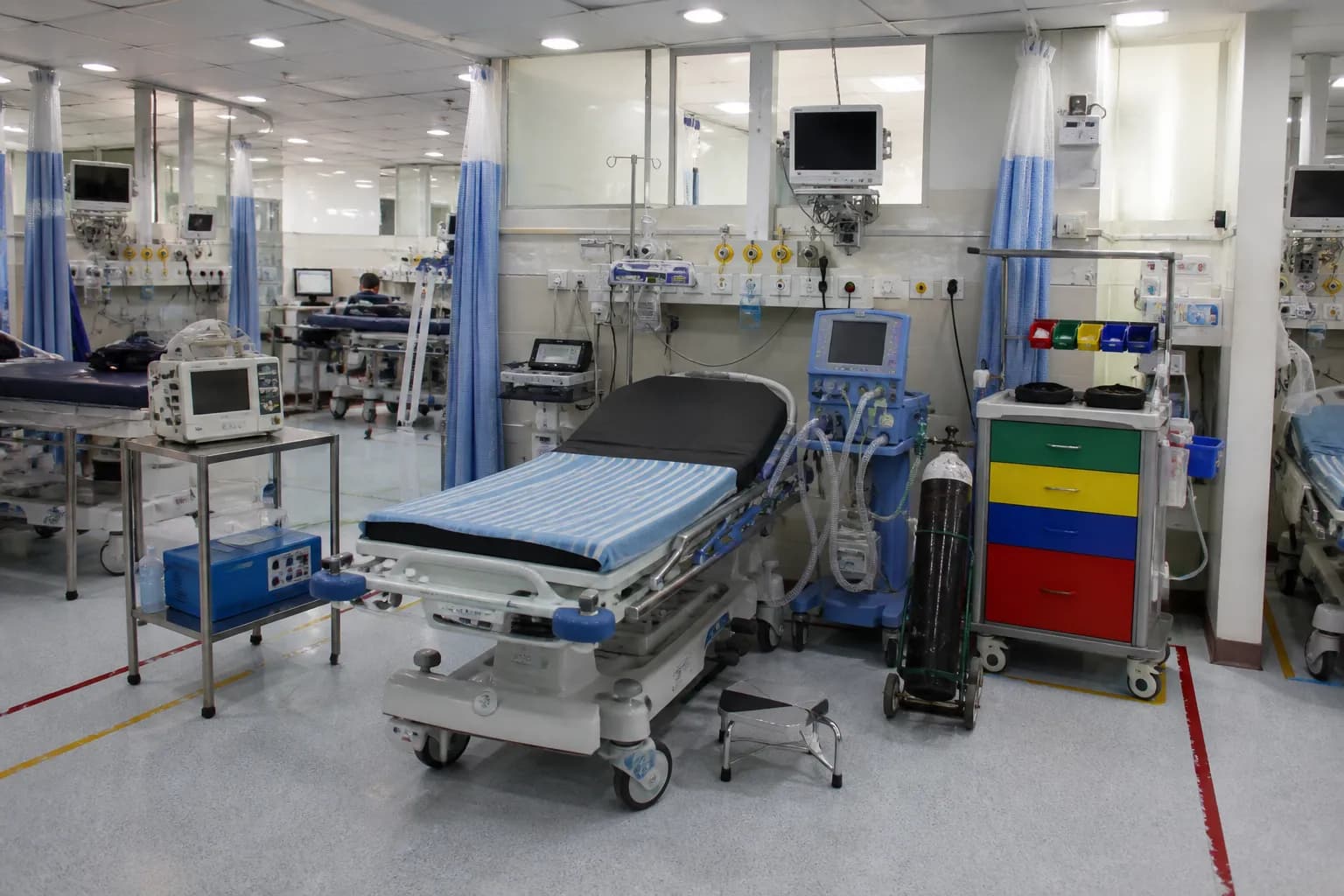 Emergency care equipment ready in a hospital bay